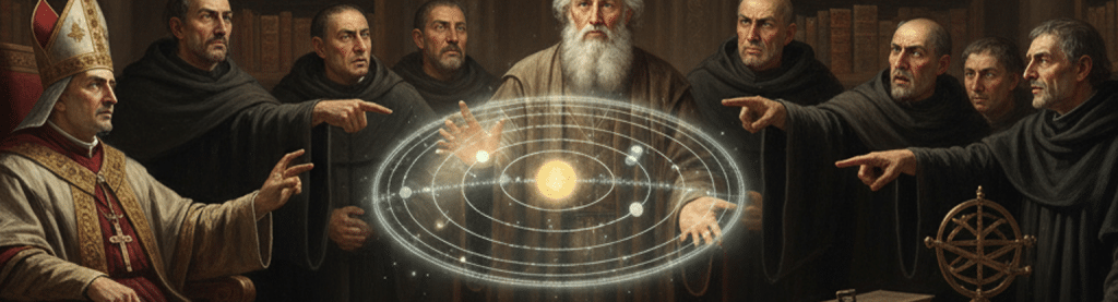 Un vieil homme barbu (évoquant Galilée) présente un modèle héliocentrique du système solaire (le soleil au centre) avec des anneaux lumineux, tandis qu'un groupe de moines et un ecclésiastique (cardinal ou évêque) le jugent et le pointent du doigt, symbolisant le rejet d'une nouvelle vérité scientifique par l'autorité établie.