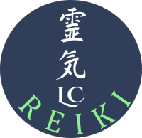 Logo Lionel Chatanay Reiki Lyon - Symbole zen bleu foncé avec caractères japonais blancs et nom en vert clair.