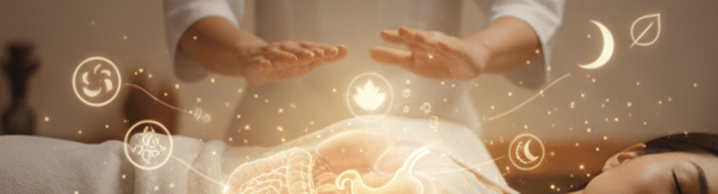 Séance de Reiki montrant les mains d'un praticien au-dessus du ventre d'une personne allongée. Des symboles lumineux de bien-être, de repos et d'organes internes (intestins) sont subtilement superposés, évoquant la détente profonde et l'activation du système parasympathique et du nerf vague.