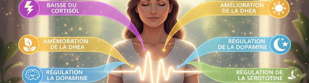 Représentation visuelle d'une femme méditant calmement, les yeux clos, symbolisant la cohérence cardiaque. Des ondes lumineuses émanent de son centre, reliées à des bulles d'informations illustrant la baisse du cortisol, l'amélioration de la DHEA et la régulation de la dopamine et de la sérotonine.