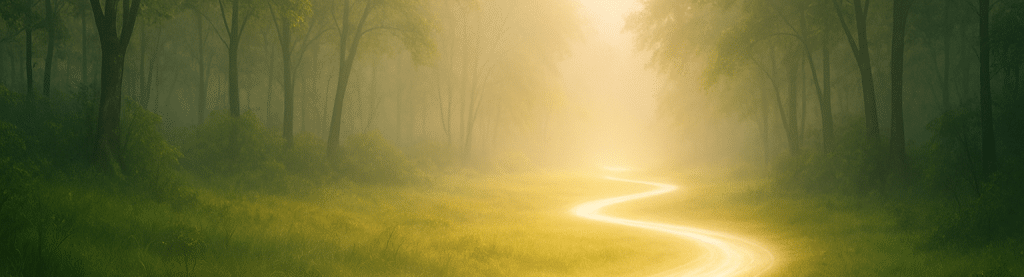 Un chemin lumineux et sinueux traversant une forêt brumeuse et verdoyante, baignée d'une lumière douce et dorée. Évoque la sérénité, la voie spirituelle et l'énergie, en illustration d'un article sur le Reiki.