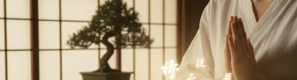 Photo d'une personne vêtue de blanc assise en position de seiza sur un tatami, effectuant une position de mains de Reiki (gassho) dans une pièce japonaise traditionnelle. Une lumière douce et dorée émane des mains, entourée de caractères Kotodama lumineux et subtils. Un petit bonsaï est visible à l'arrière-plan près d'un écran shoji.